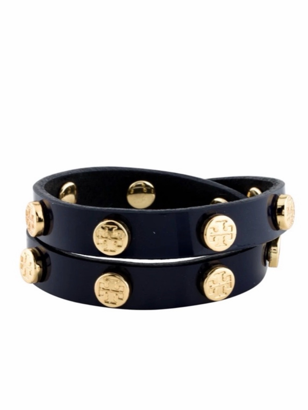 Tory Burch Black Double-Wrap Leather Bracelet with Gold Logo Studs